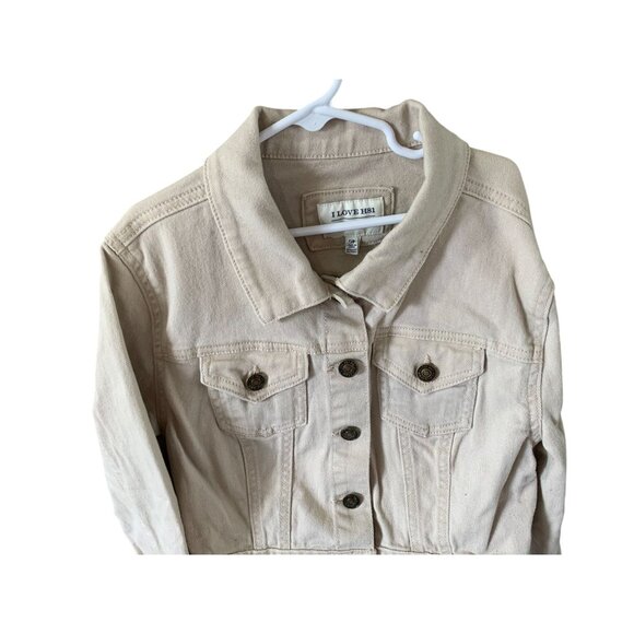 I Love H81 Womens Small Khaki Tan Beige Jean Jacket Coat Button Up Crop - Picture 2 of 3